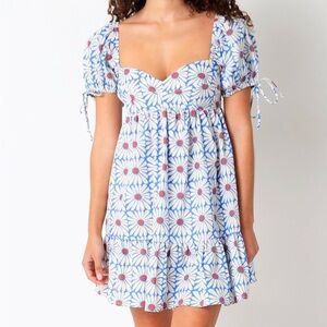 Retro Flower Power Babydoll Floral Mini Dress Puff Sleeves Coquette Size Small